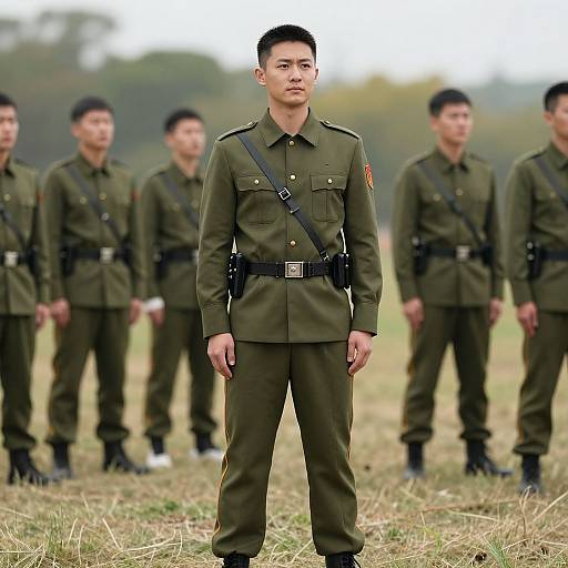 Photograph of a serious young Asian male soldier in olive green uniform, standing in front of five similarly dressed soldiers in a grassy field.