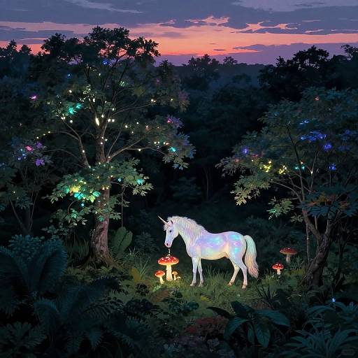 Digital illustration of a glowing white unicorn standing among colorful fairy lights, red mushrooms, and dark trees at twilight.