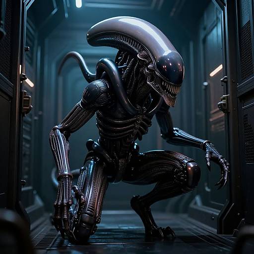 CGI image of a sleek, black, biomechanical Xenomorph creature crouching in a dark, futuristic hallway with blue lighting.