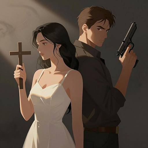 Man with Gun and Woman with Cross Illustration