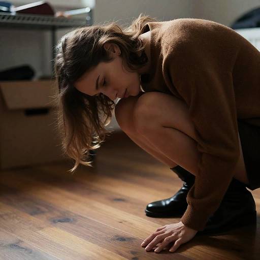 Woman crouching on wooden floor indoors