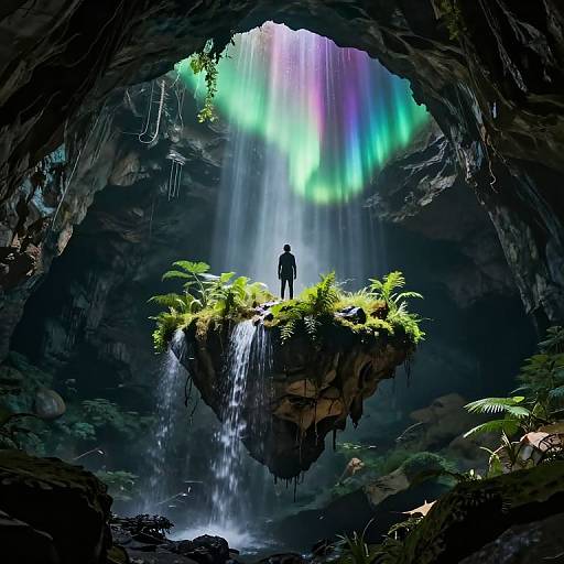 Digital fantasy artwork: Silhouetted figure stands on floating rock with ferns, surrounded by cascading waterfalls and vibrant Northern Lights, within a