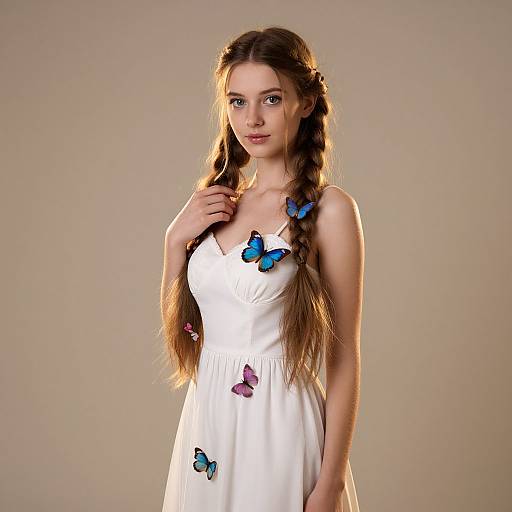 Photograph of a young woman with long brown braids, wearing a white dress, adorned with blue and purple butterflies, standing against a beige background.