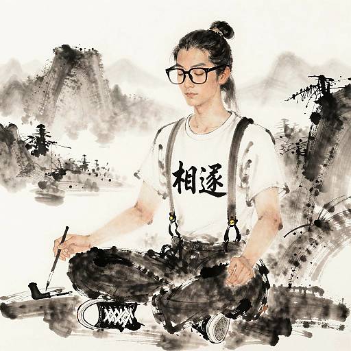 Ink Wash Meditative Calligrapher Portrait