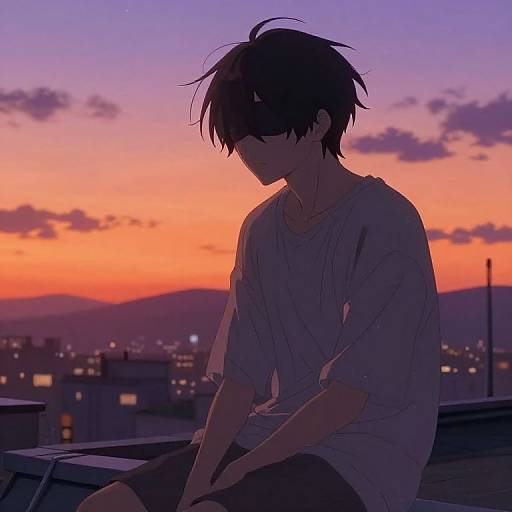Anime-style digital drawing of a silhouetted young man with messy black hair, wearing a loose white shirt, sitting on a rooftop at sunset,