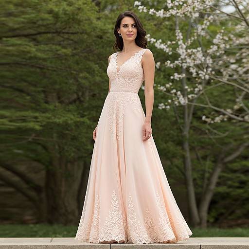 Photograph of a dark-haired woman in a sleeveless, lace-embellished, peach ball gown, standing outdoors against a green, tree-filled