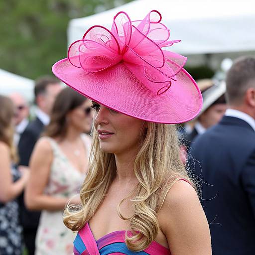 Photograph of a blonde woman in a vibrant pink hat with a large, ruffled bow, wearing a strapless blue and pink dress, standing in