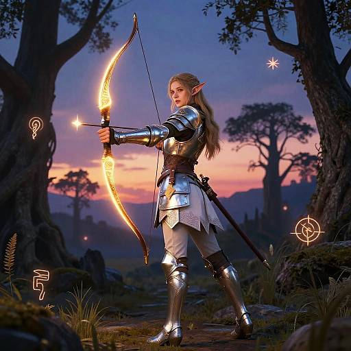 Epic fantasy photograph: Elf archer with glowing bow, silver armor, white pants, long blonde hair, in a twilight forest. Magical runes and