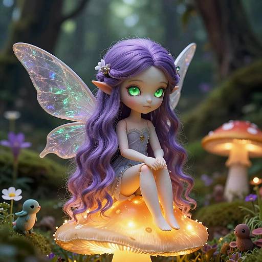 Purple-Haired Fairy on Glowing Mushroom
