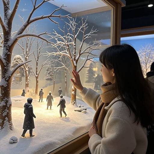 Photograph of an Asian woman in a cozy winter coat touching a snowy, illuminated window display of people ice skating in a snow-covered park.