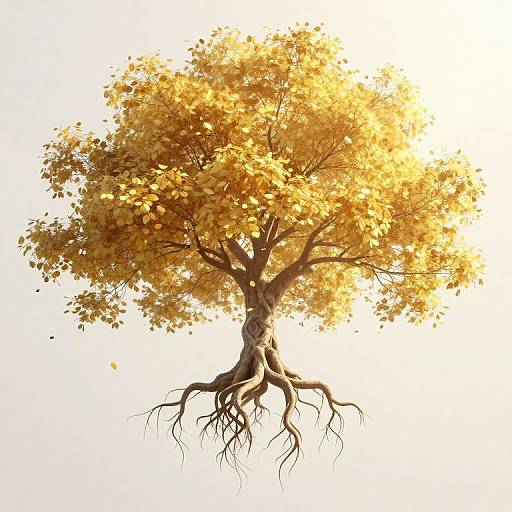 Photorealistic digital illustration of a single autumn tree with golden-yellow leaves, detailed twisting roots, and bright sunlight highlighting the foliage.