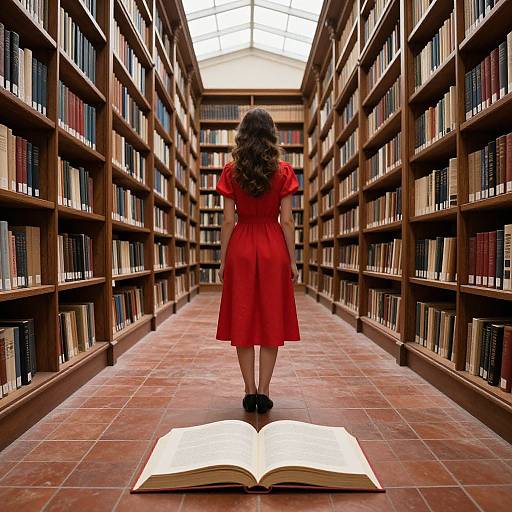 Photograph of a woman with long brown hair in a red dress standing in a library aisle, facing open book on tiled floor, flanked by tall