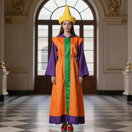Woman in Colorful Crayon Costume in Ornate Hall