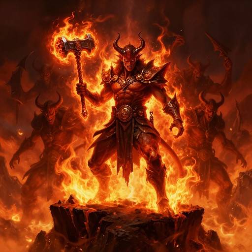 Digital artwork: Muscular, horned demon with fiery skin, holding a flaming war hammer, standing on a rock amidst blazing inferno, surrounded by