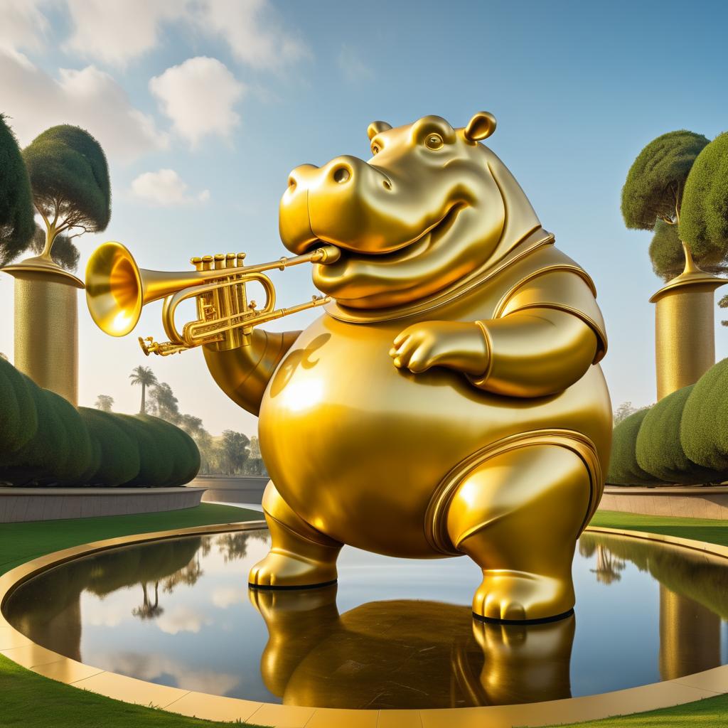 Giant Hippo Statue Playing Trombone Art