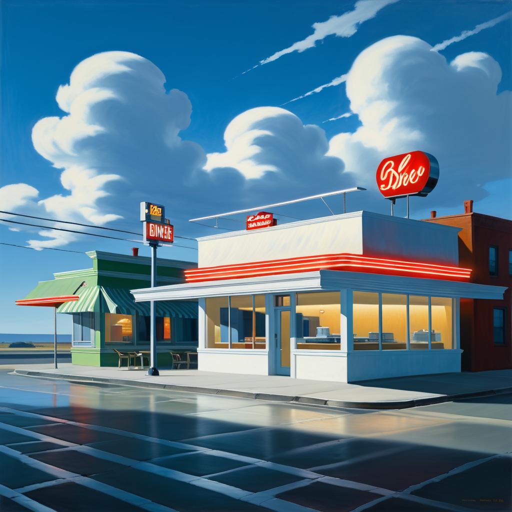 Edward Hopper's Isolated Diner Under Neon Lights