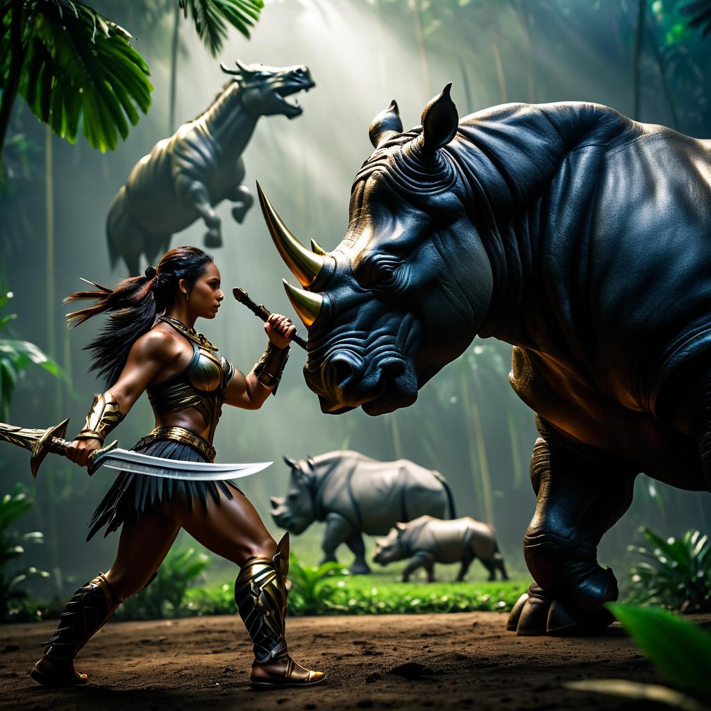 Epic Amazon Warrior vs Thunderous Rhino Showdown