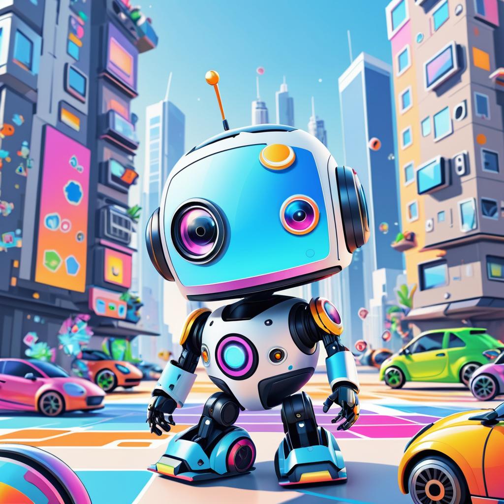 Playful Robot in Futuristic Cityscape