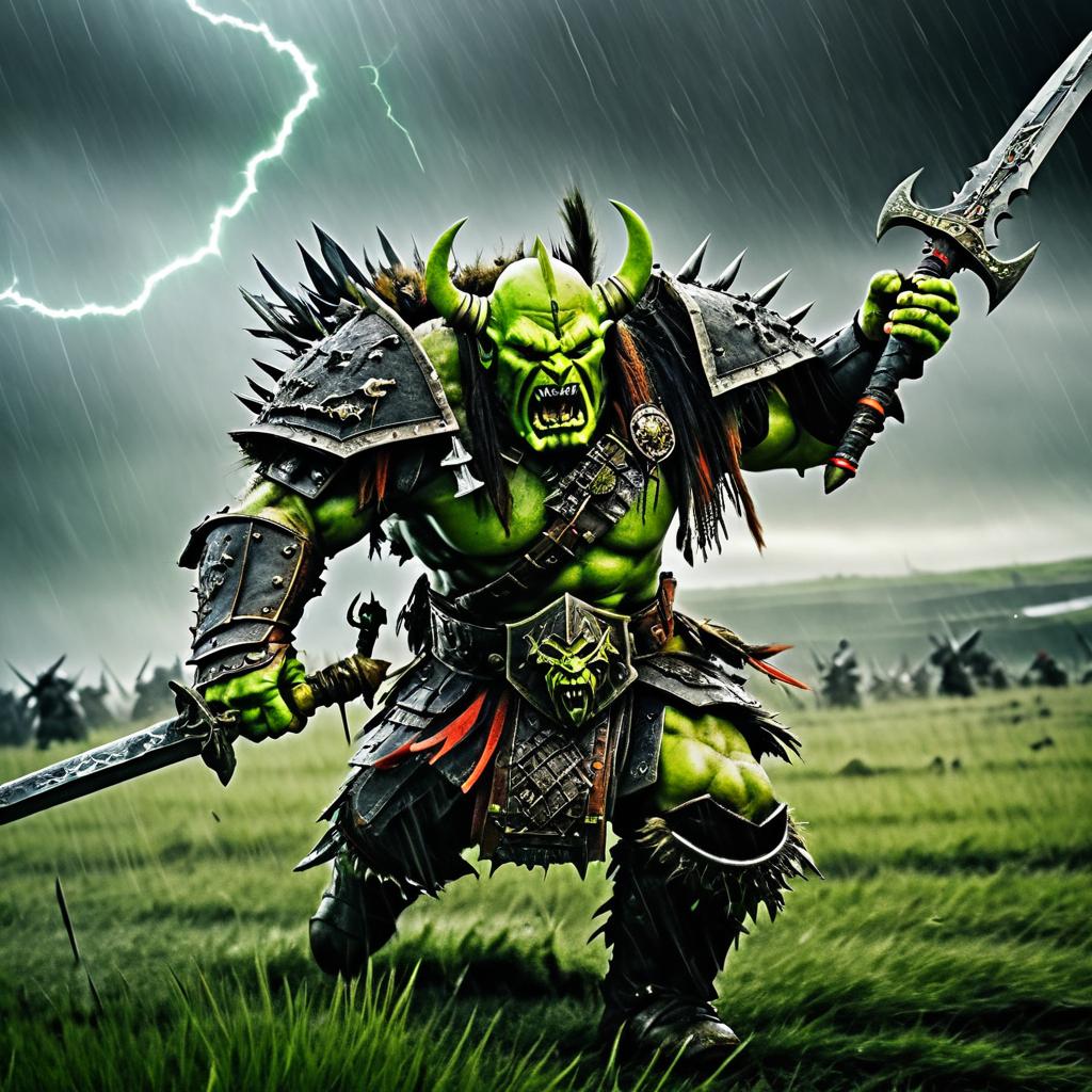 Ork Warlord Charging in Stormy Battle