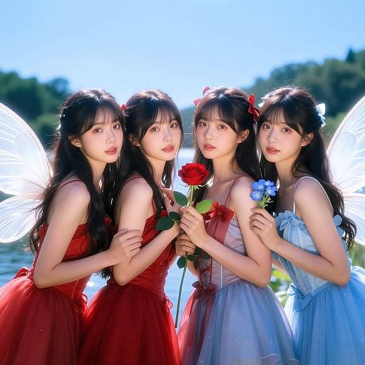 Photograph of four Asian women with long black hair, fairy wings, and flower crowns, wearing red, red, white, and blue tulle