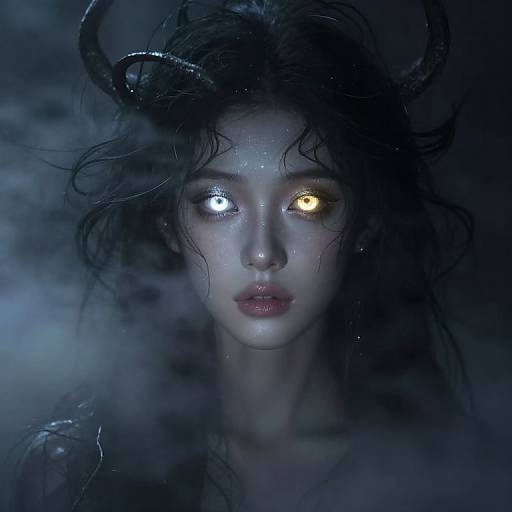 Digital artwork of a mysterious, dark-haired woman with glowing heterochromatic eyes, one blue and one yellow, set against a blue, misty background