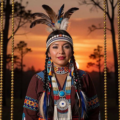 Photograph of a Native American woman with braided hair, wearing a feathered headband, intricate jewelry, and traditional clothing, against a vivid sunset