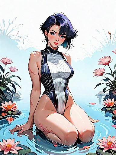 Anime Girl in Retro One-Piece Swimsuit by Water