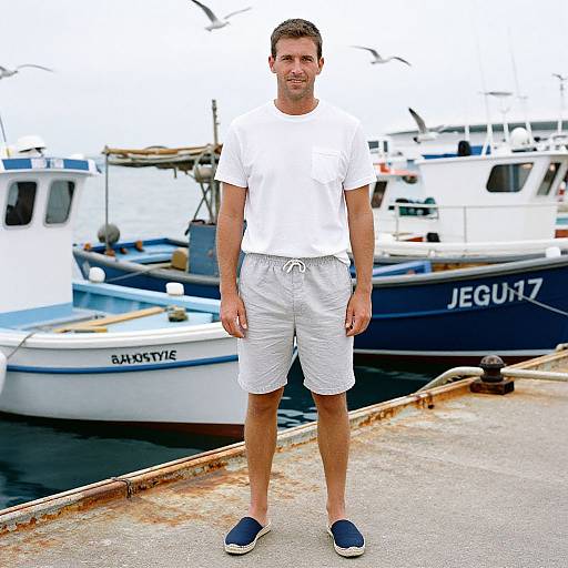 Photograph of a bearded man in white t-shirt, white shorts, and blue slip-on shoes, standing on a dock with several boats in the