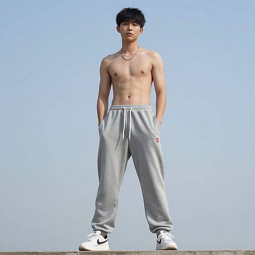 Shirtless Asian man with short black hair, wearing gray sweatpants and white sneakers, stands against a clear blue sky. Digital art.