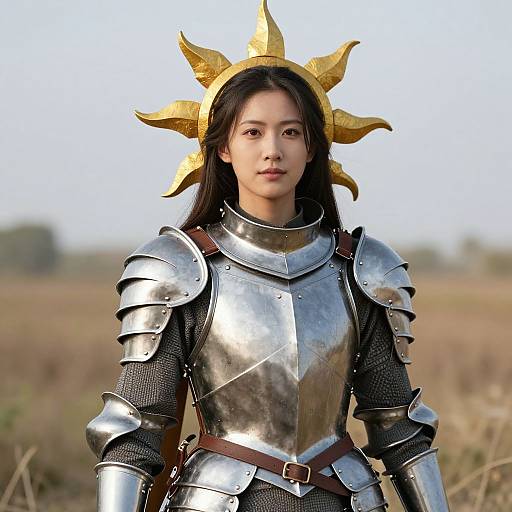 Asian woman in medieval-style silver armor with gold sun crown, standing in a grassy field, photograph, realistic style, daytime.