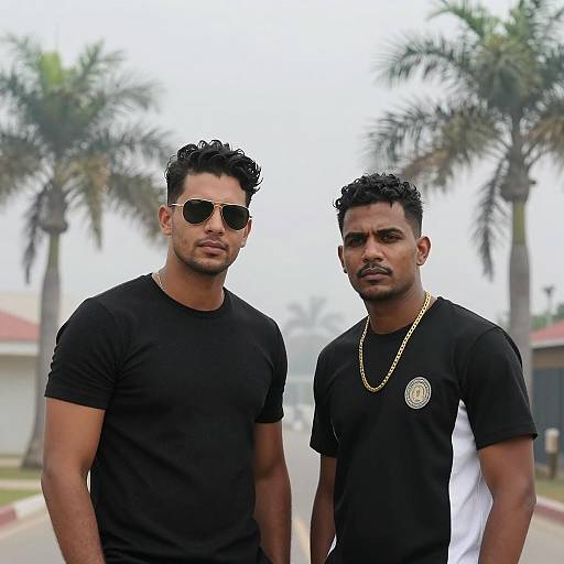 Two Men in Casual Black Clothing Outdoors