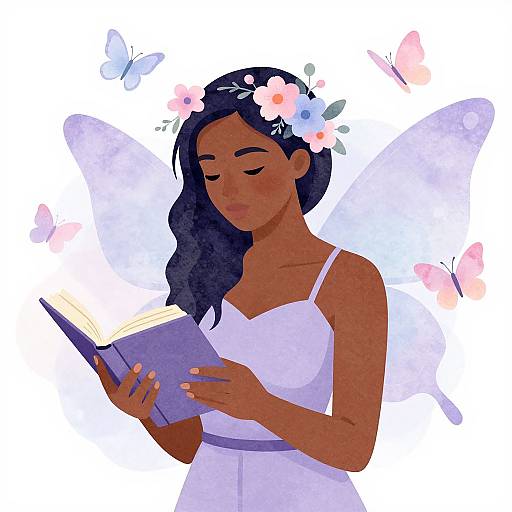 Digital illustration of a dark-skinned, dark-haired fairy woman in a white dress, flower crown, reading a book, with translucent wings and pink and