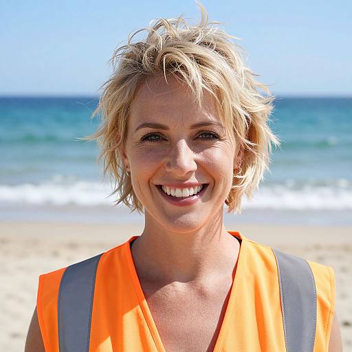 Photograph of a smiling blonde woman with short, messy hair, wearing an orange safety vest, standing on a sunny beach with clear blue ocean and sandy