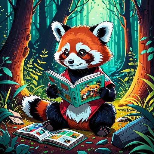 Chibi Red Panda Reading in Enchanted Forest