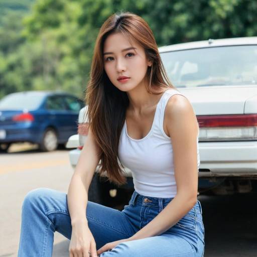 Young Woman Sitting Outdoors by Car
