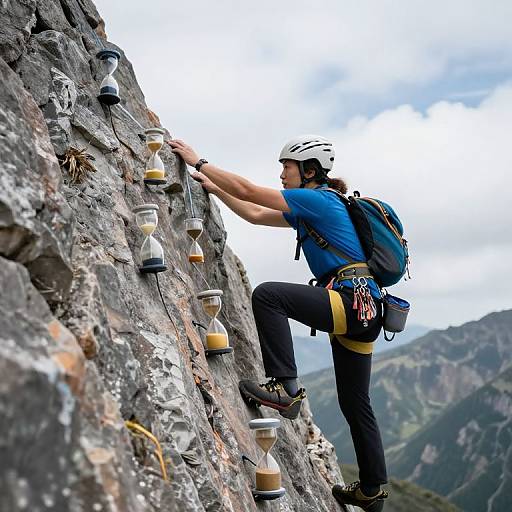 Photograph of a male rock climber in blue shirt, black pants, and white helmet, scaling a rocky wall with coffee cups. Mountainous background