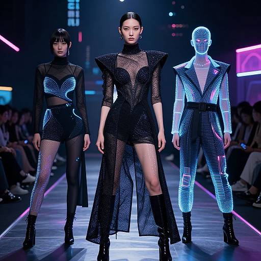Photograph of three models on a neon-lit runway; central model in sheer black mesh outfit, flanked by one in similar attire and a glowing
