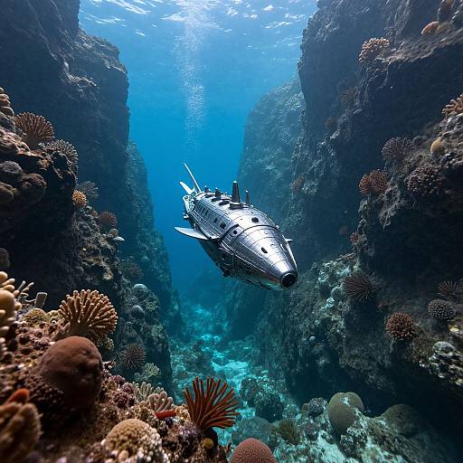 Photograph of a silver angelfish swimming between dark, rocky underwater canyon walls, surrounded by colorful corals and marine life, illuminated by blue sunlight