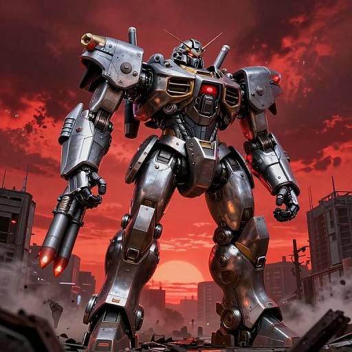 Colossal Armored Mecha in Ruined Cityscape