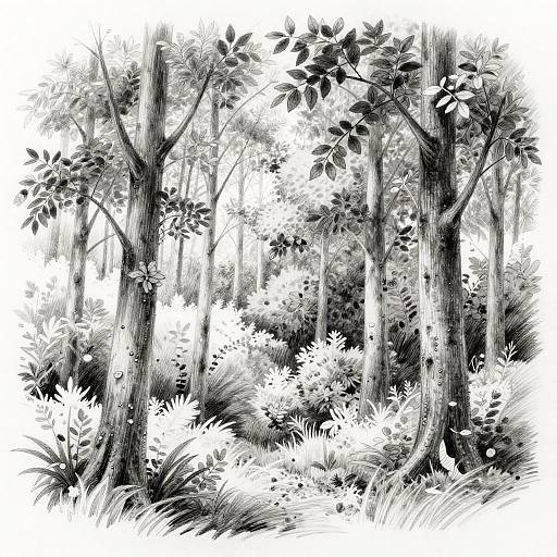 Black-and-white ink drawing of a dense forest with tall, textured trees, detailed foliage, and lush underbrush, featuring intricate linework.