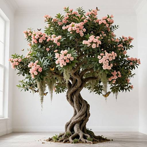 Photograph of a twisted, textured tree with pink flowers, green leaves, hanging moss, and a small butterfly on its branches, set against a bright