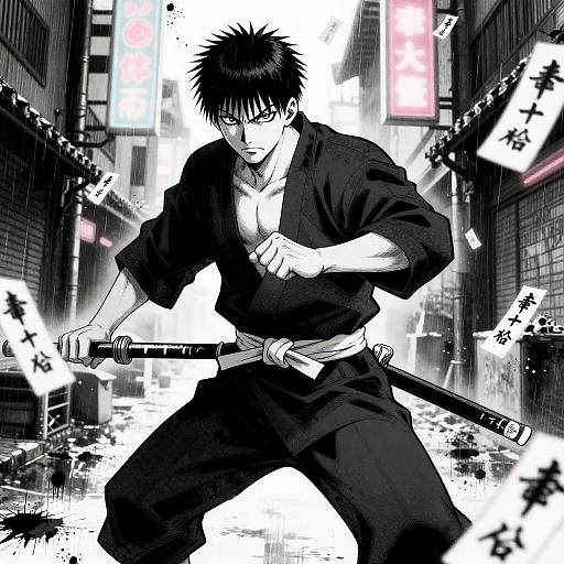 Streetwise Punk Samurai in Neon Rain