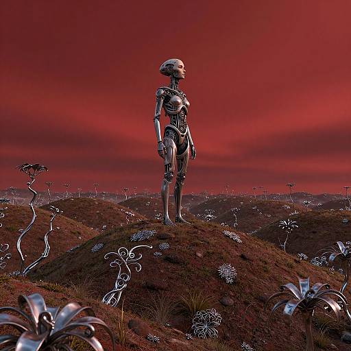 Biomechanical Humanoid in Surreal Metallic Landscape