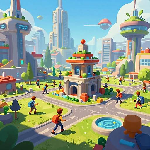 Vibrant pixel art of a futuristic cityscape with colorful buildings, lush greenery, and children playing on sunny streets, featuring a central tower and