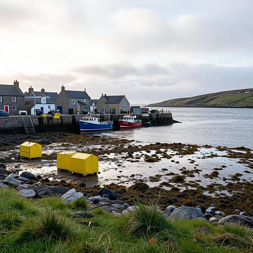 Photograph of a coastal village with yellow storage boxes on rocky shore, small boats docked, stone cottages, and grassy foreground.