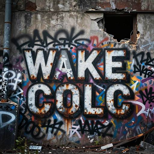 Photograph of a graffiti-covered, rusted, and weathered concrete wall with large, bold 