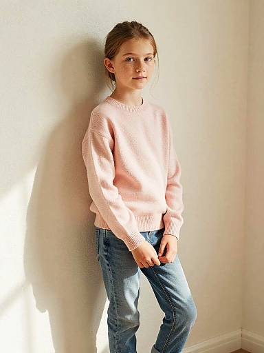 Young Girl in Pink Sweater Standing Indoors