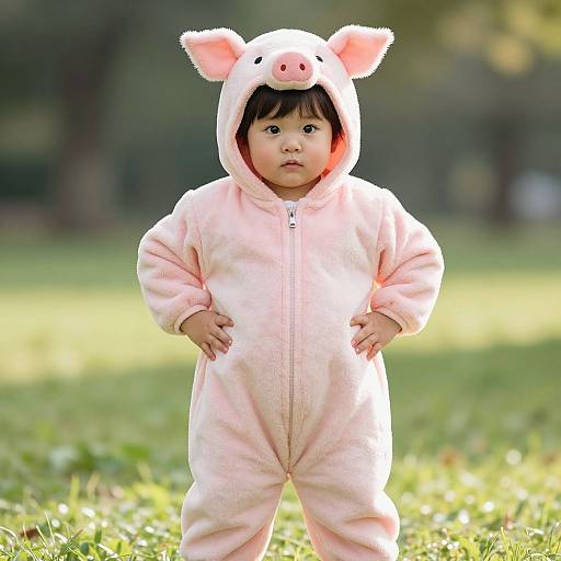 Photograph of a cute Asian toddler in a pink pig onesie with floppy ears, standing in a sunlit grassy park.