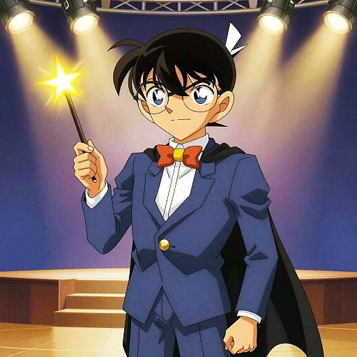 Anime-style drawing of a young boy with black hair, glasses, and a blue suit holding a glowing wand, standing on a stage.