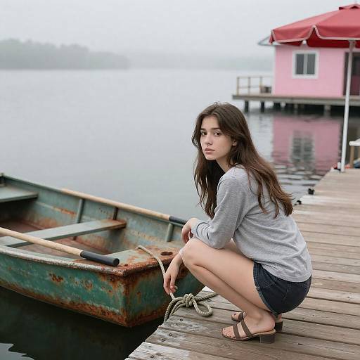 Tranquil Lake Scene with Young Woman